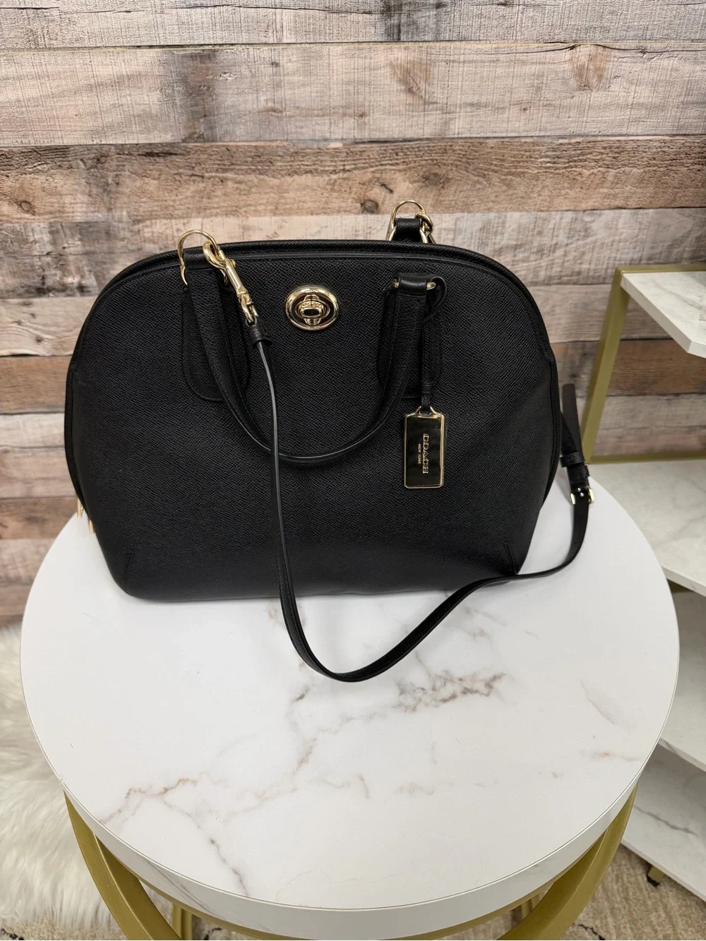 Coach Black Sierra Satchel Leather Dome Bag With Gold Accents